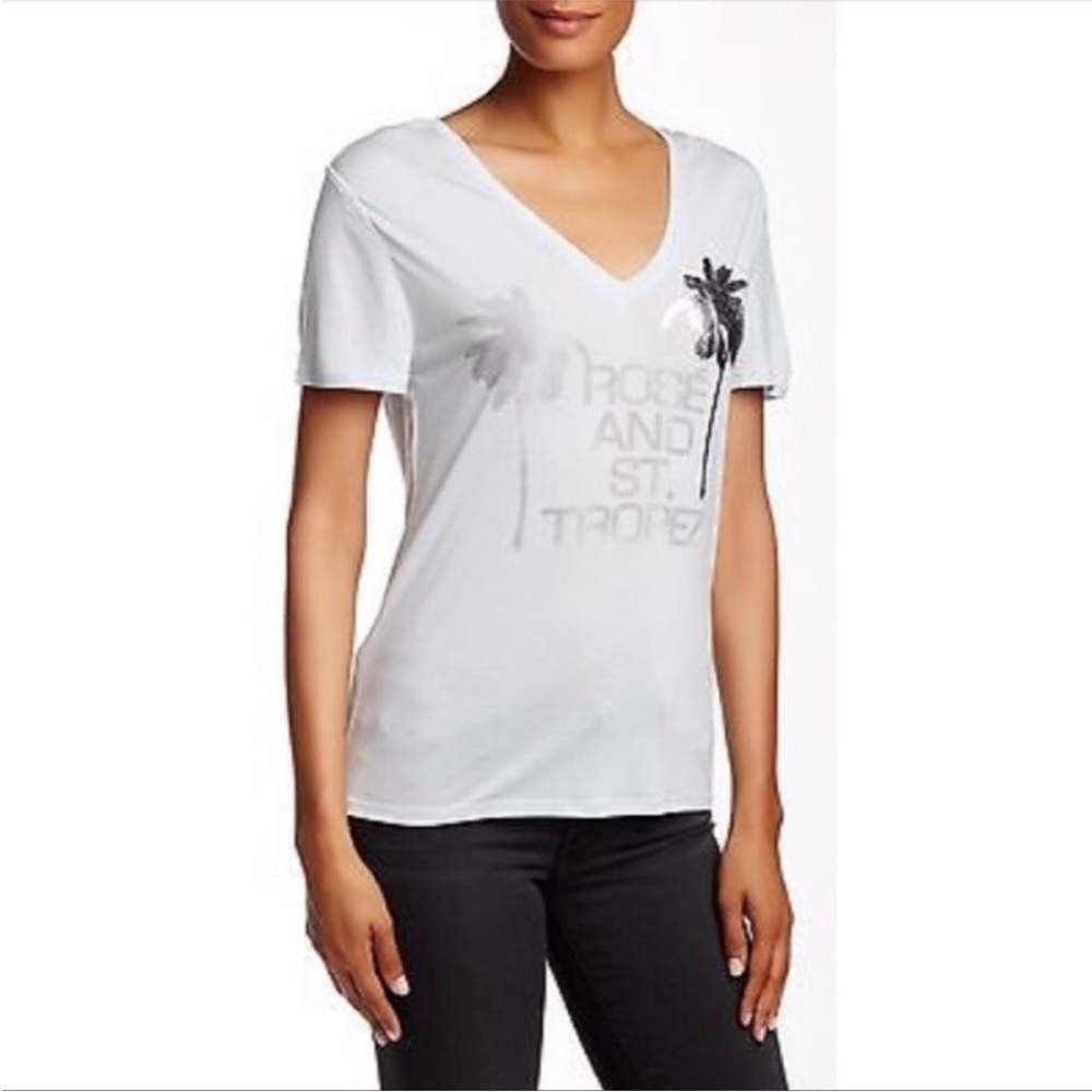 Halston Heritage White V‑Neck Short Sleeve Tee with Palm Graphic